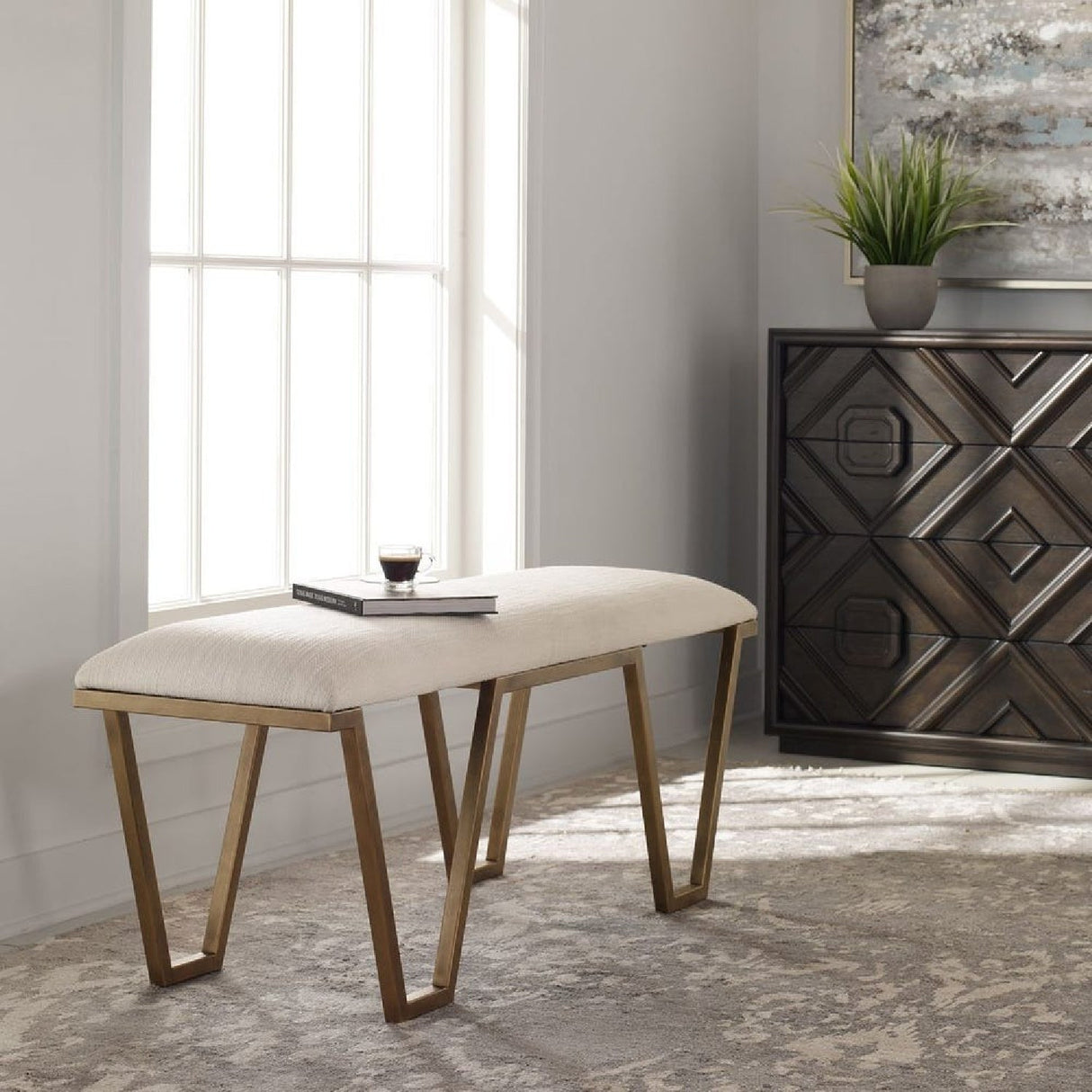 White Textured Fabric Bench by Uttermost Farrah, alternate view 8