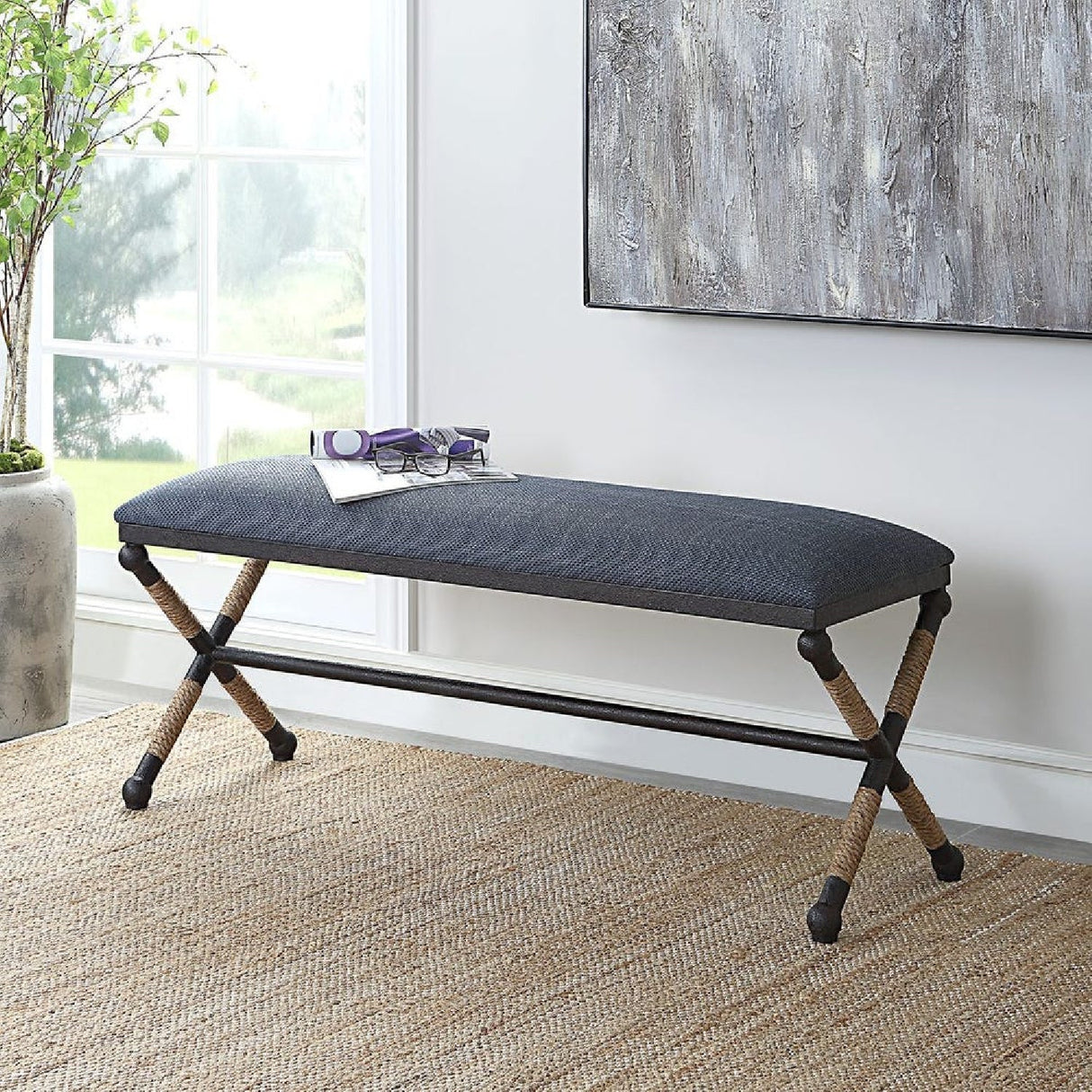 Blue Cotton Blend Bench by Uttermost Firth, alternate view 7