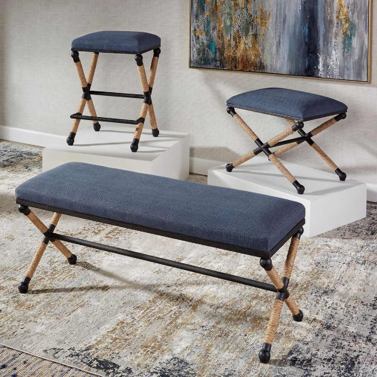 Blue Cotton Blend Bench by Uttermost Firth, alternate view 8