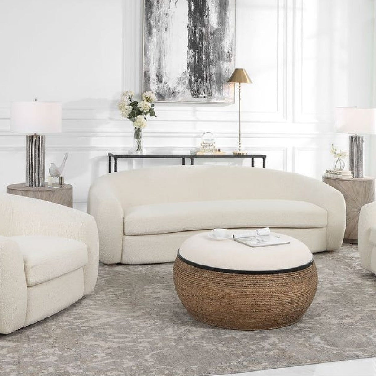 White Shearling Curved Sofa by Uttermost Capra, alternate view 7