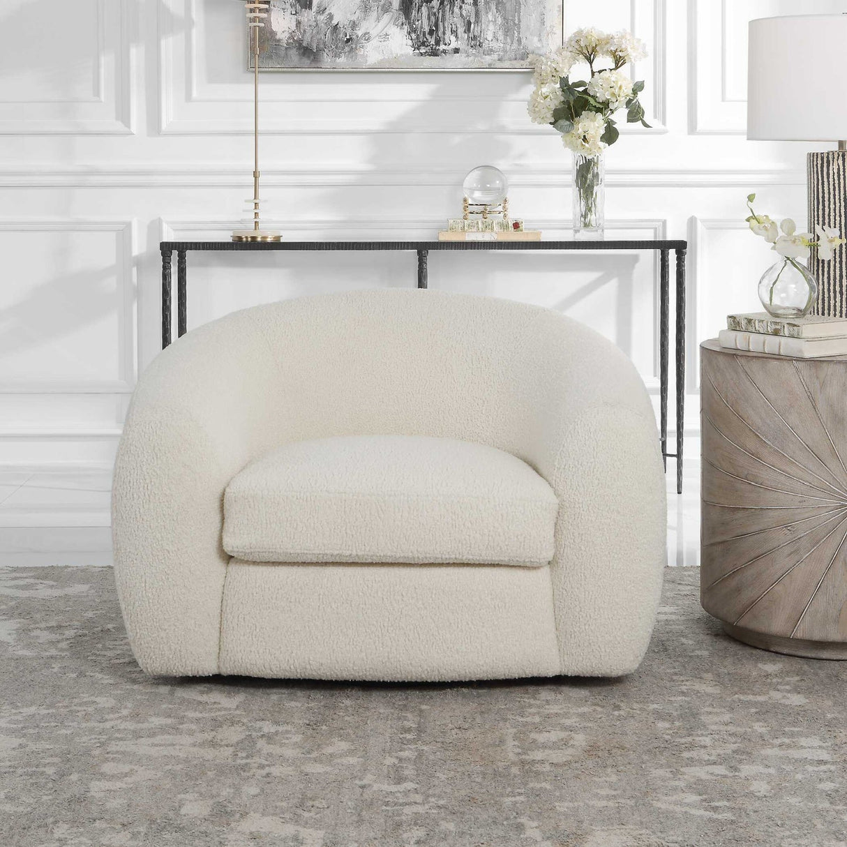 White Shearling Curved Swivel Chair by Uttermost Capra, alternate view 2