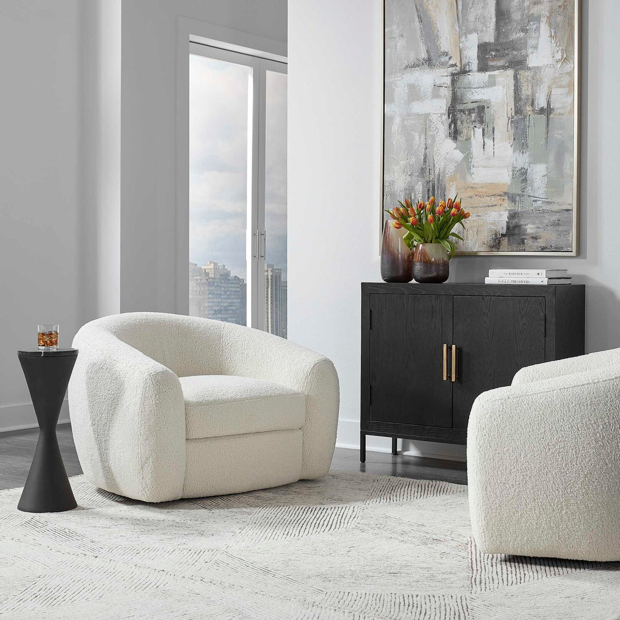 White Shearling Curved Swivel Chair by Uttermost Capra, alternate view 6