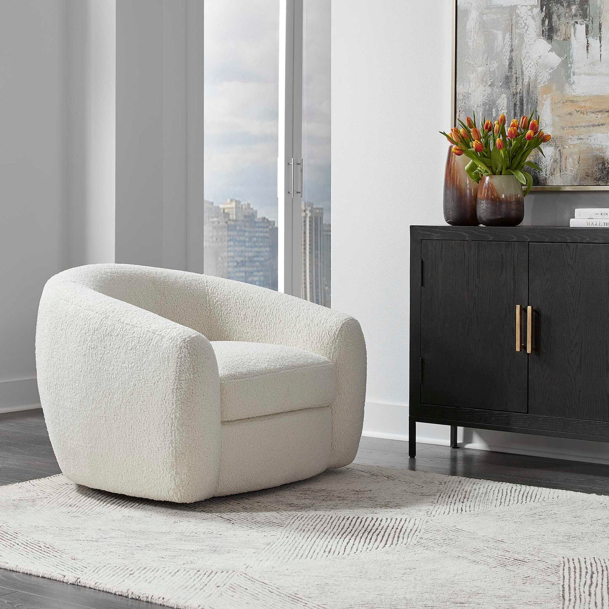 White Shearling Curved Swivel Chair by Uttermost Capra, alternate view 7