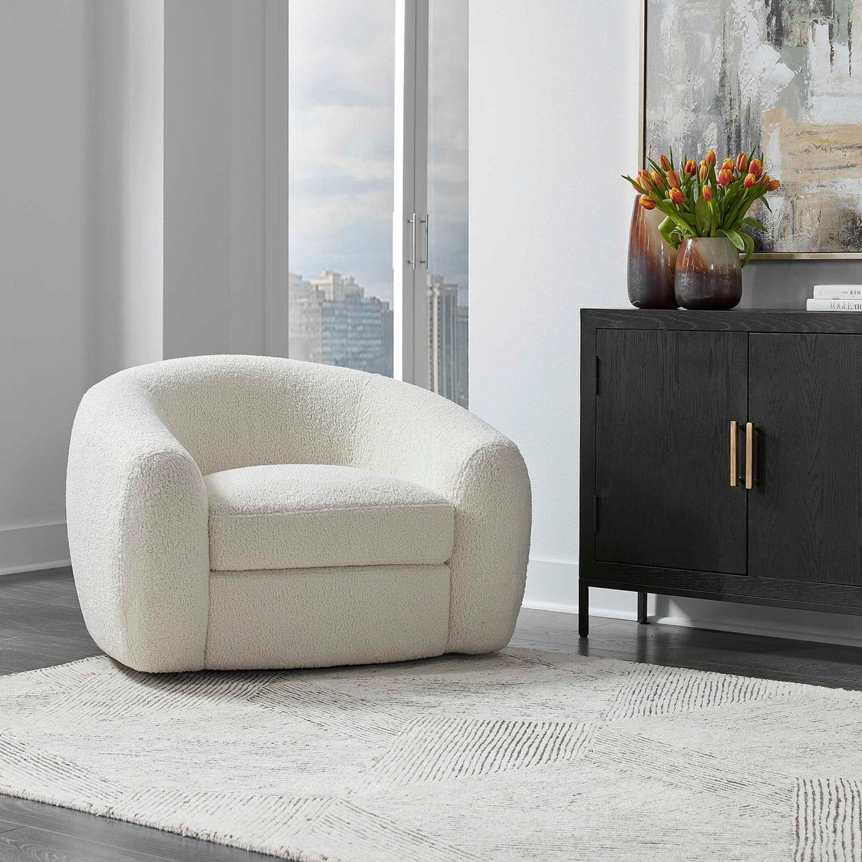 White Shearling Curved Swivel Chair by Uttermost Capra, alternate view 8