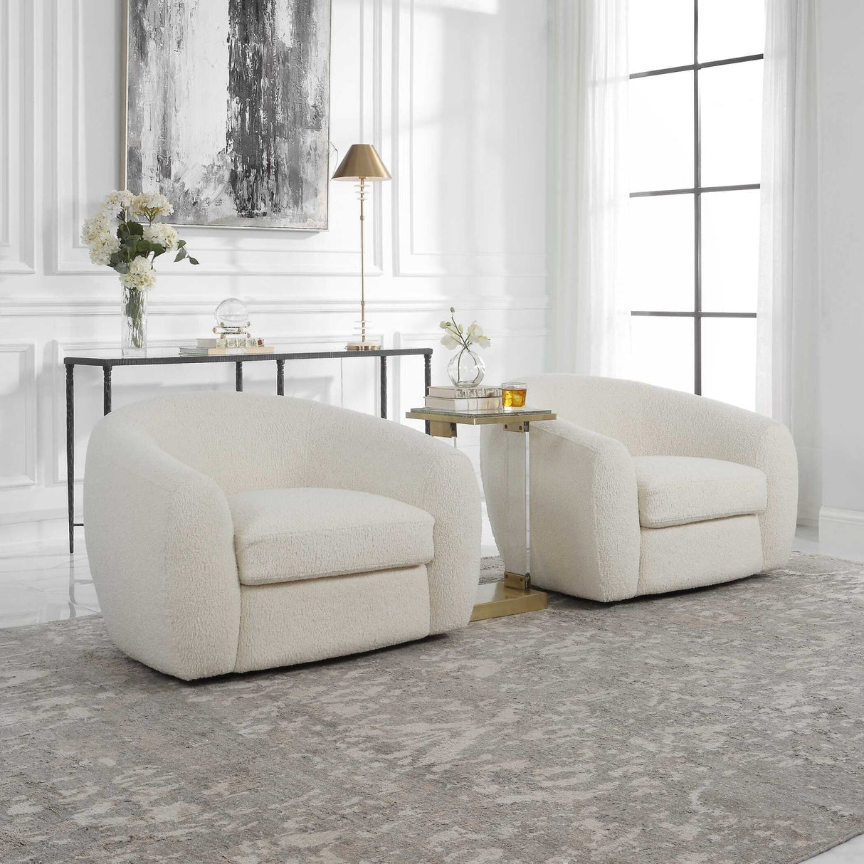 White Shearling Curved Swivel Chair by Uttermost Capra, alternate view 9