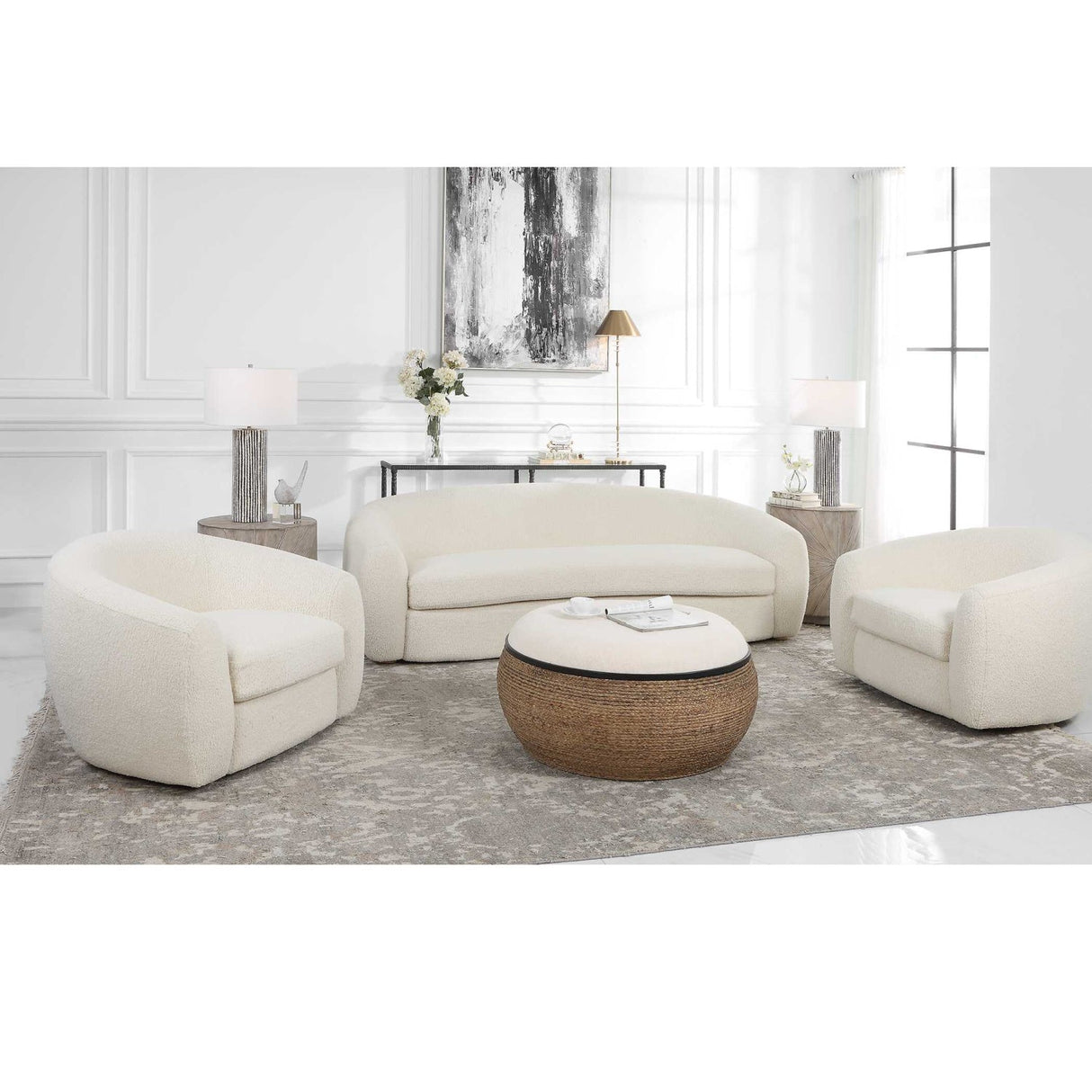 White Shearling Curved Swivel Chair by Uttermost Capra, alternate view 10