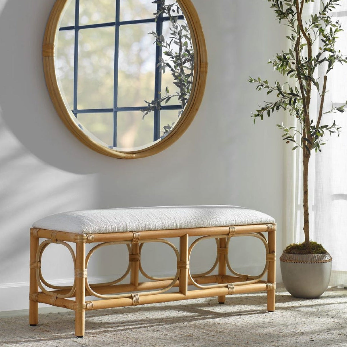 Rattan Base White Fabric Bench by Uttermost Laguna, alternate view 2