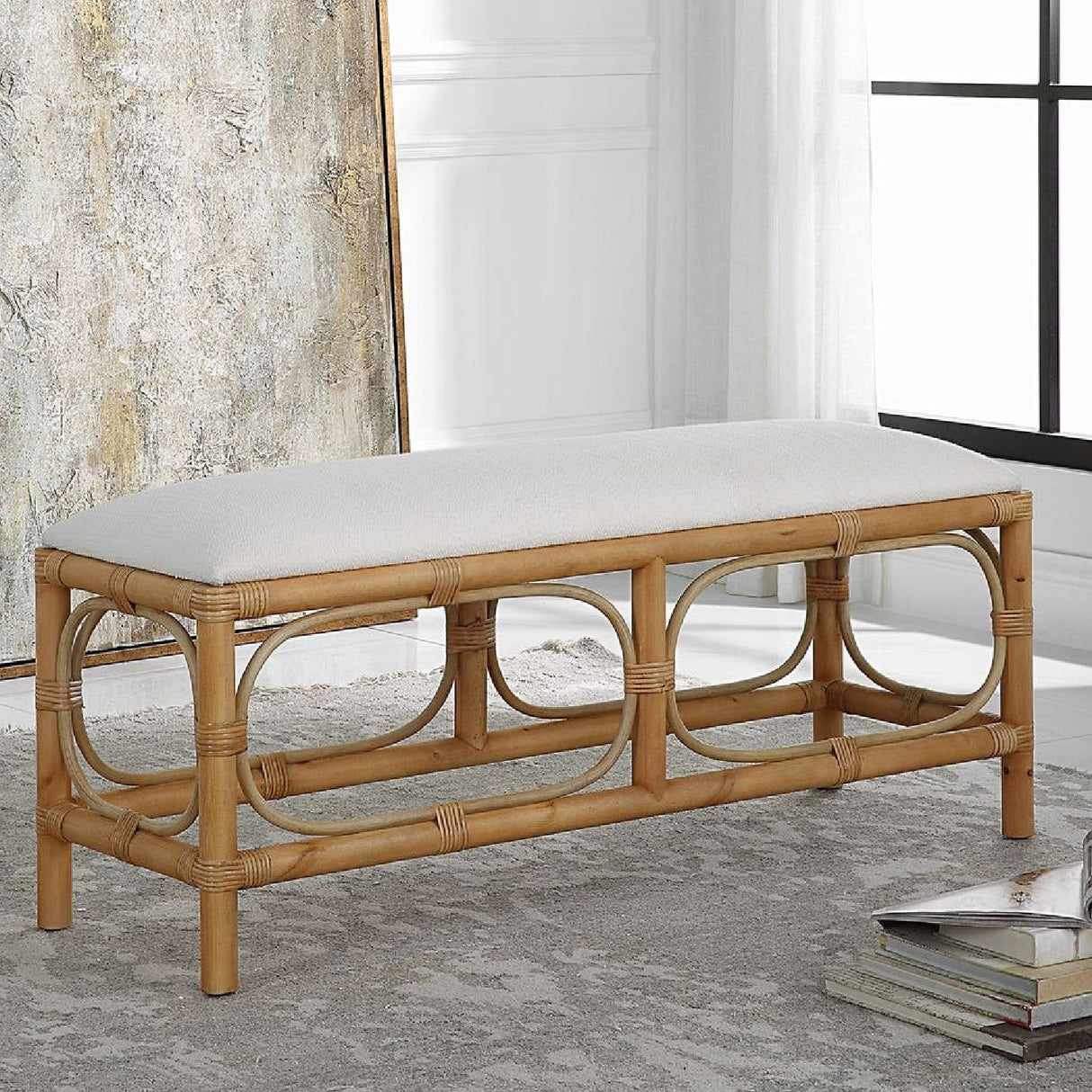 Rattan Base White Fabric Bench by Uttermost Laguna, alternate view 7