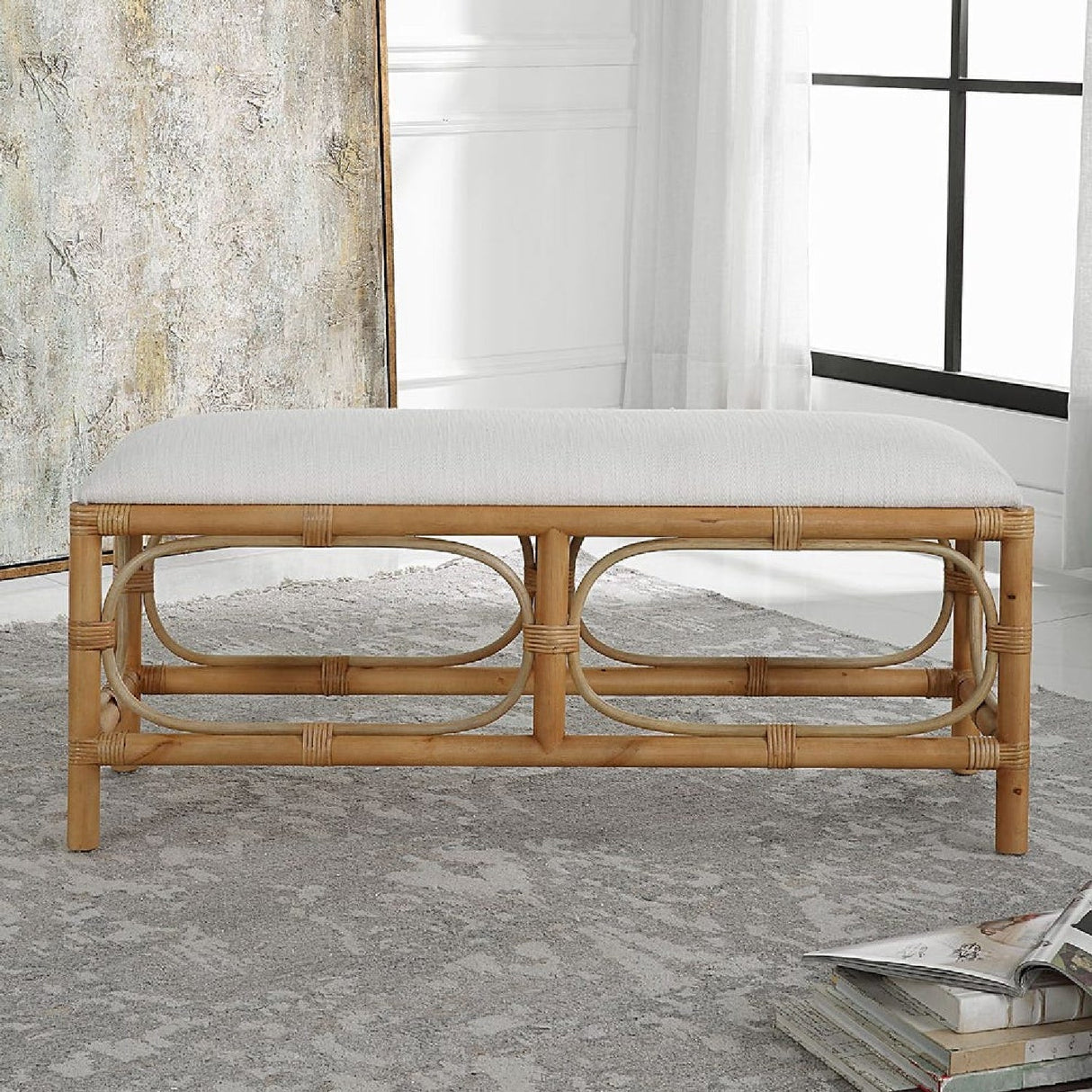 Rattan Base White Fabric Bench by Uttermost Laguna, alternate view 8