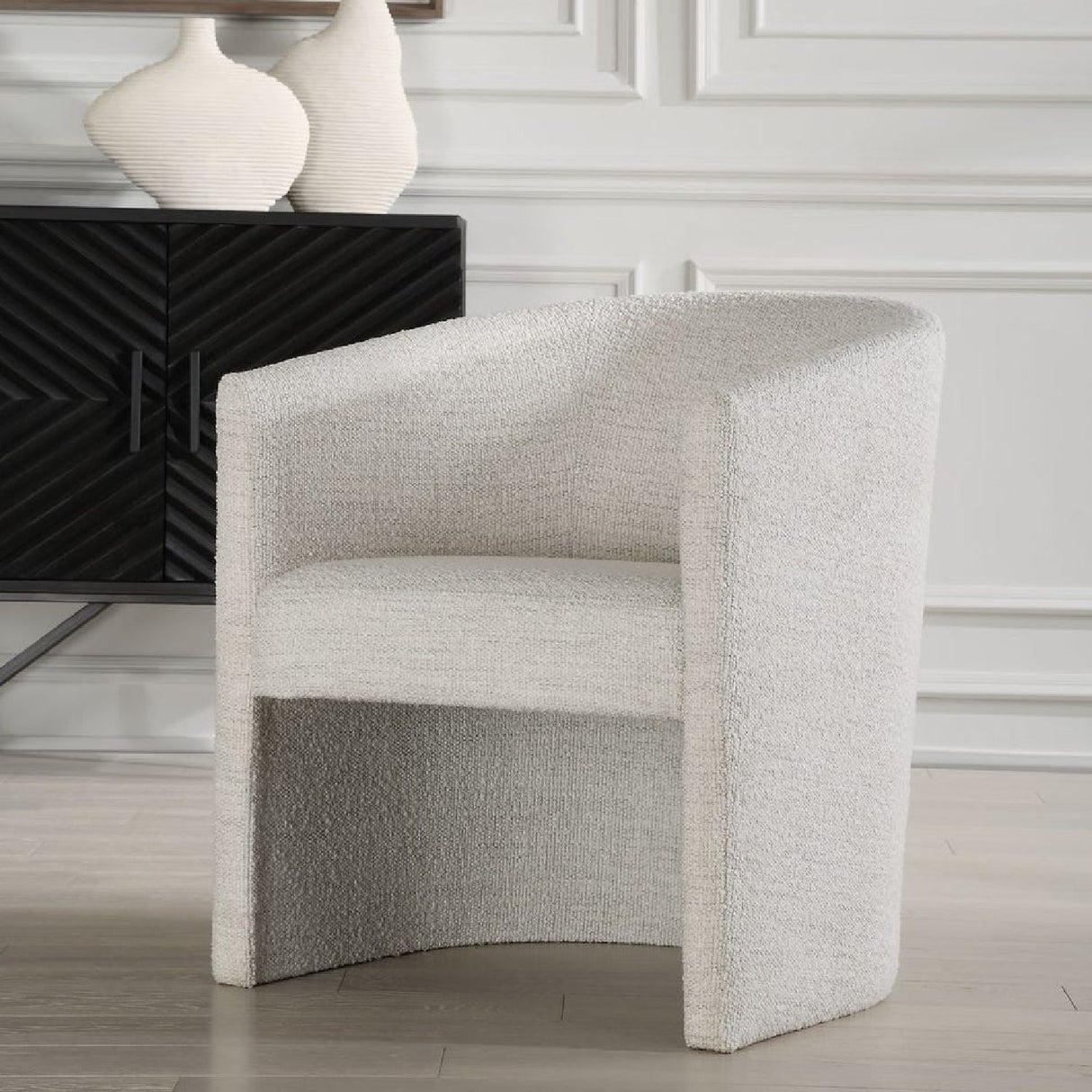 White Boucle Barrel Accent Chair by Uttermost Encompass, alternate view 2
