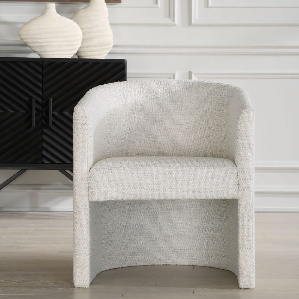 White Boucle Barrel Accent Chair by Uttermost Encompass, alternate view 7