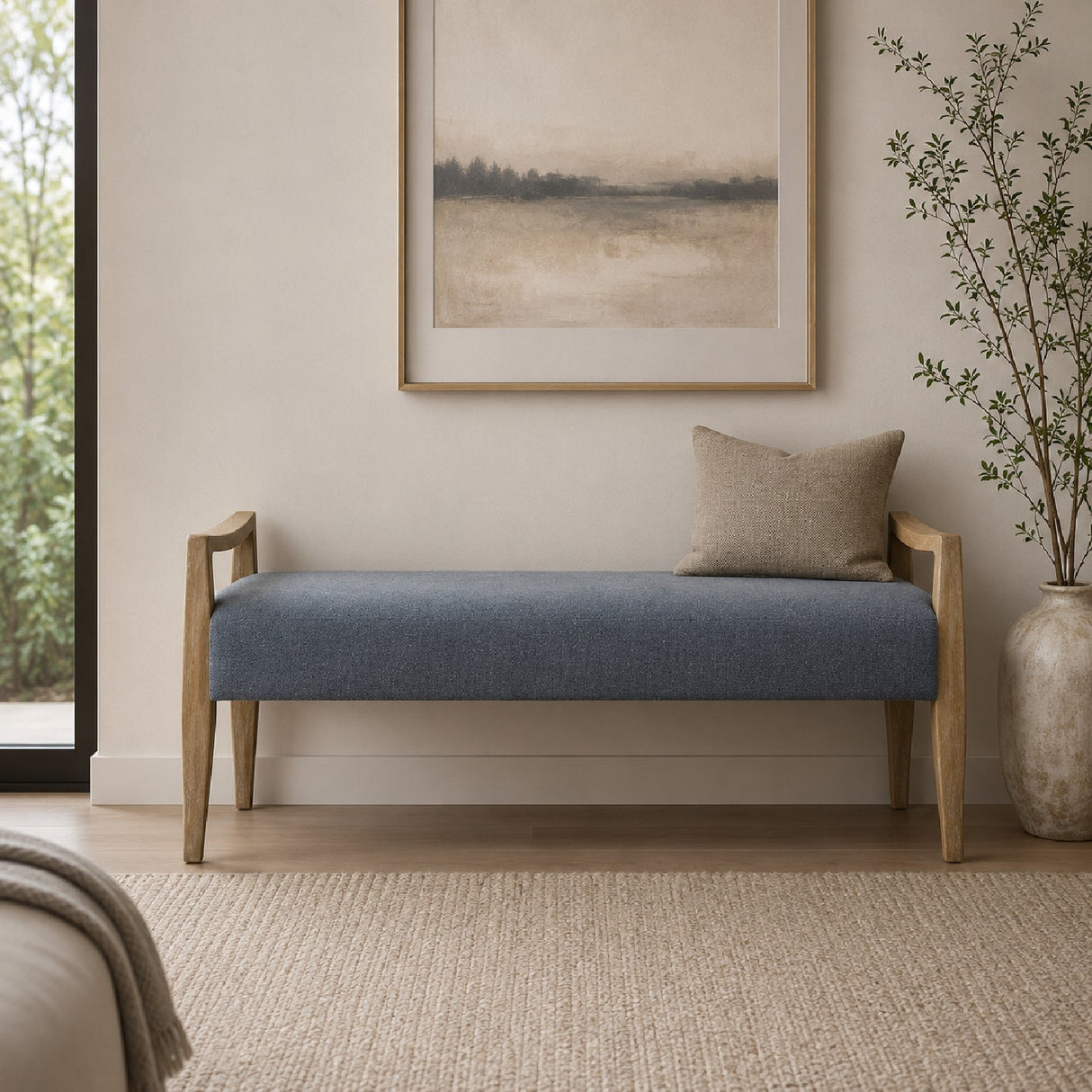 Modern European furniture - Wood Framed Blue Fabric Bench - www.oroa.com