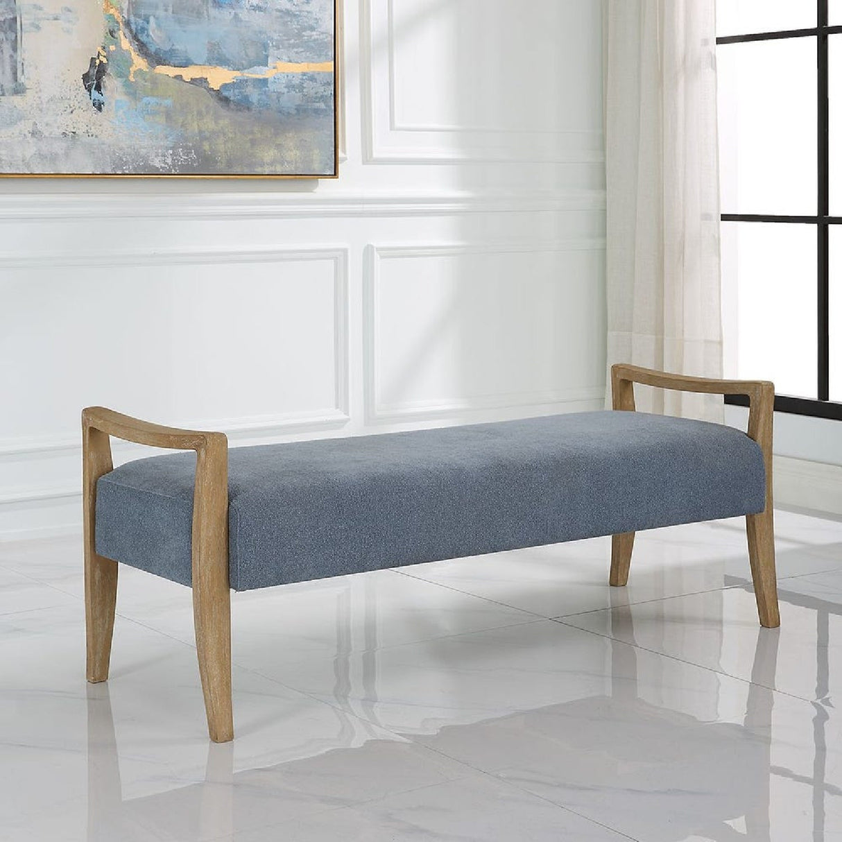 Wood Framed Blue Fabric Bench by Uttermost Daylight, alternate view 6