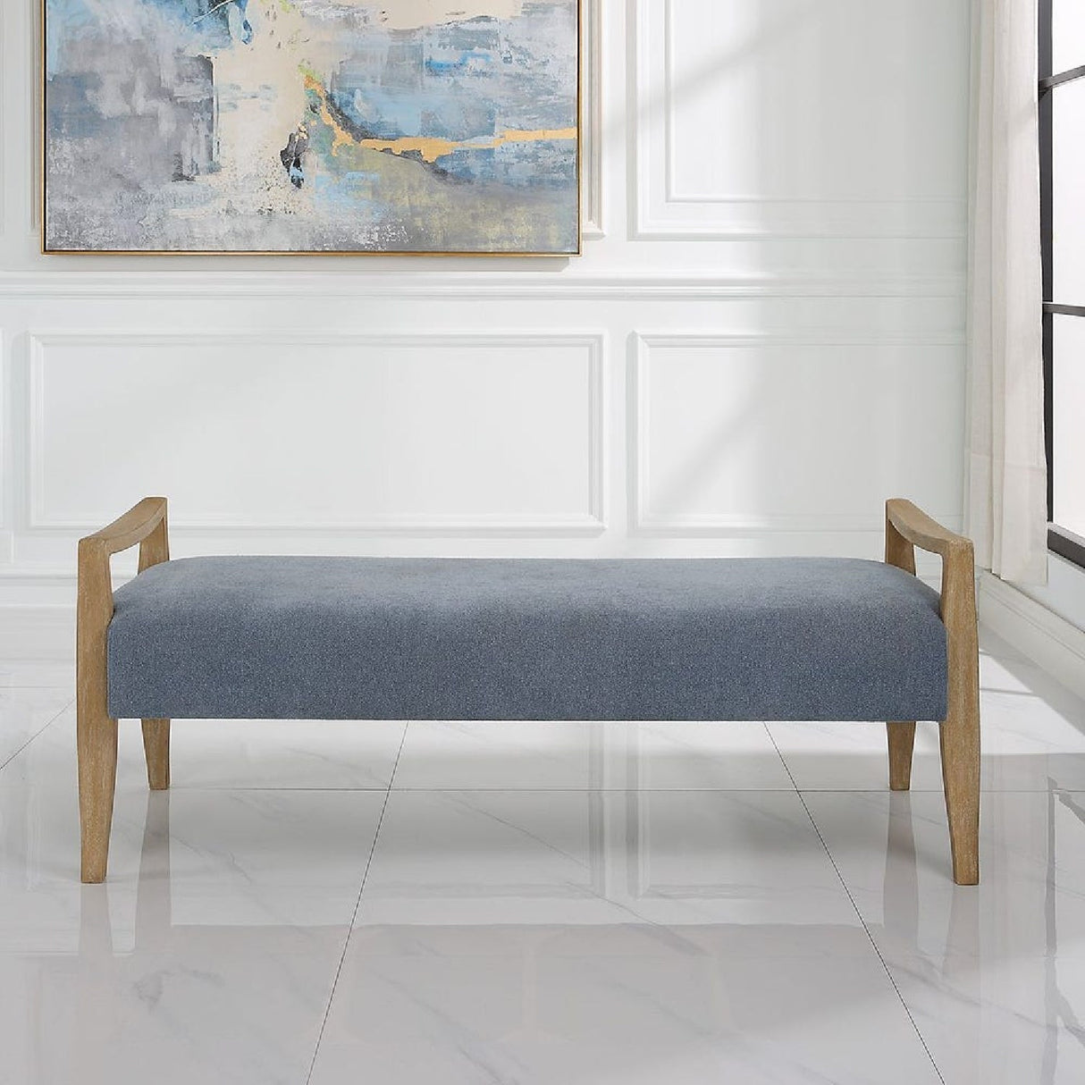 Wood Framed Blue Fabric Bench by Uttermost Daylight, alternate view 7