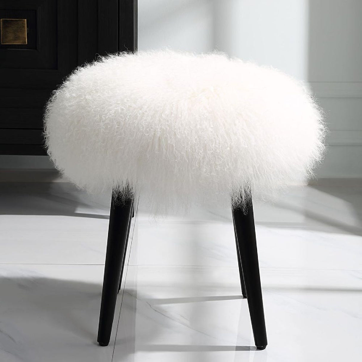 White Sheepskin Accent Stool by Uttermost Wooly, alternate view 2