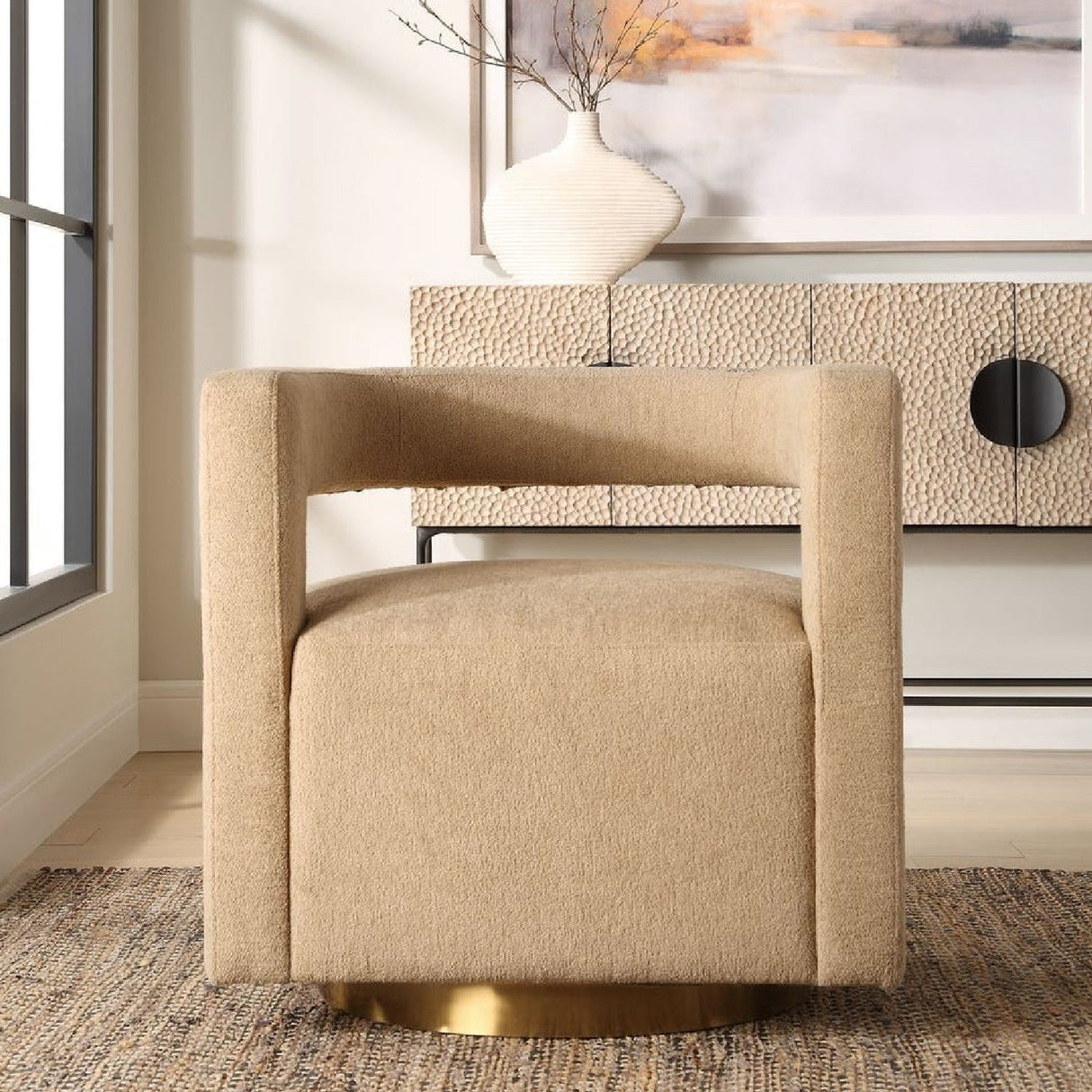 Beige Boucle Modern Swivel Chair by Uttermost Grounded, alternate view 7