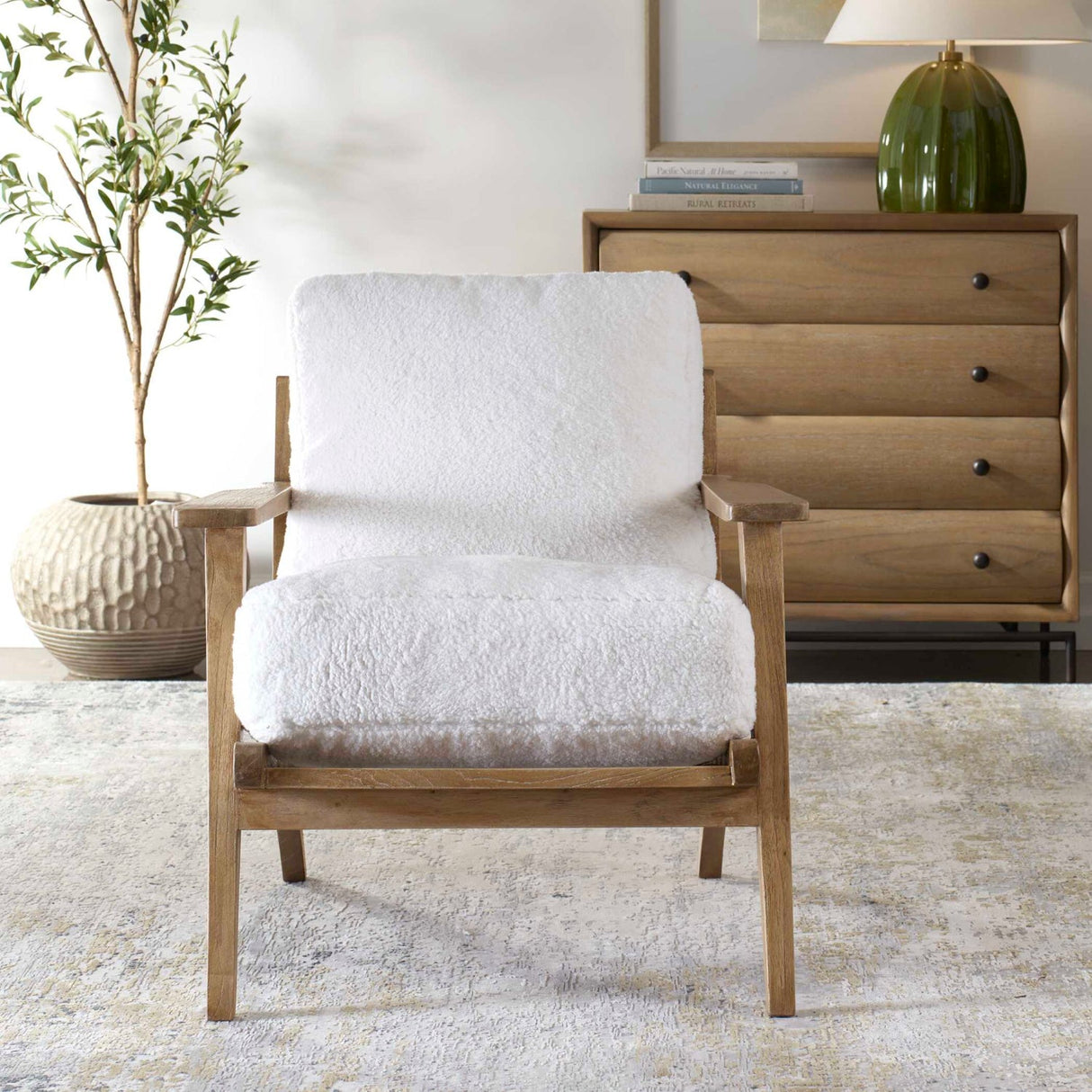 White Sheepskin Cushioned Lounge Chair by Uttermost Laid Back, alternate view 2