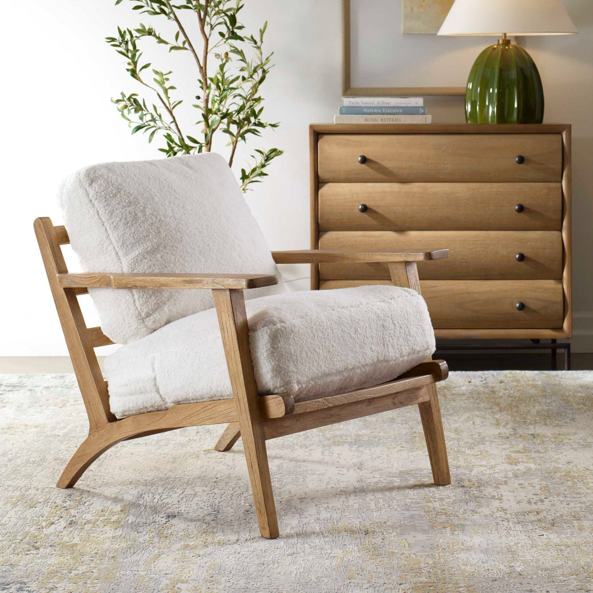 White Sheepskin Cushioned Lounge Chair by Uttermost Laid Back, alternate view 8