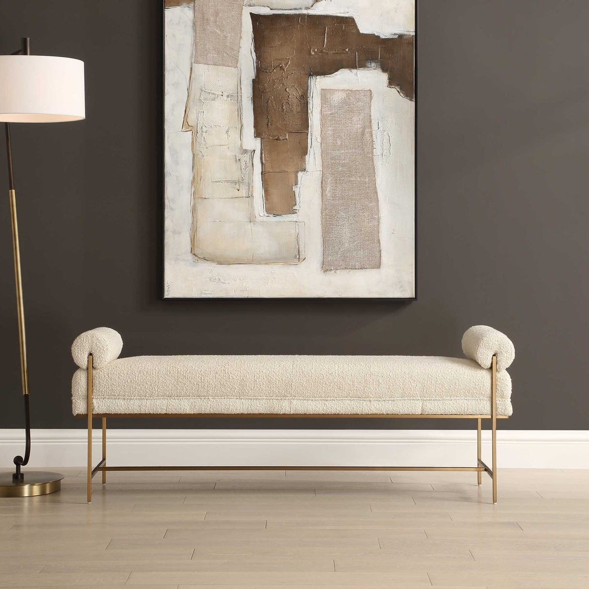 White Boucle Modern Bench by Uttermost Bolster, alternate view 2