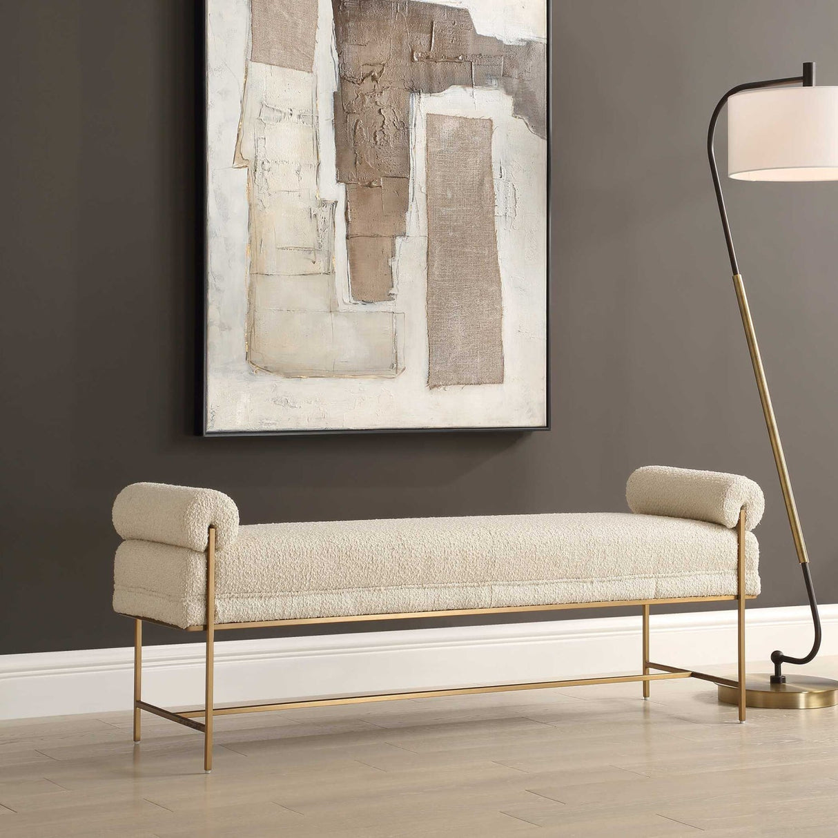 White Boucle Modern Bench by Uttermost Bolster, alternate view 6