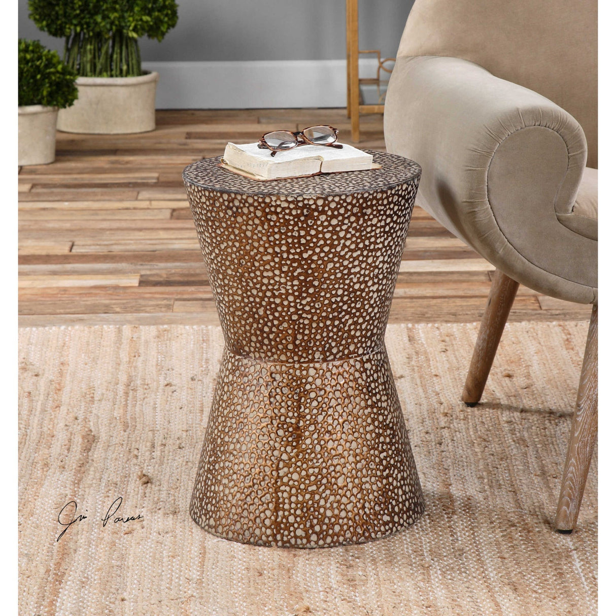 Hammered Bronze Hourglass Accent Table by Uttermost Cutler, alternate view 4