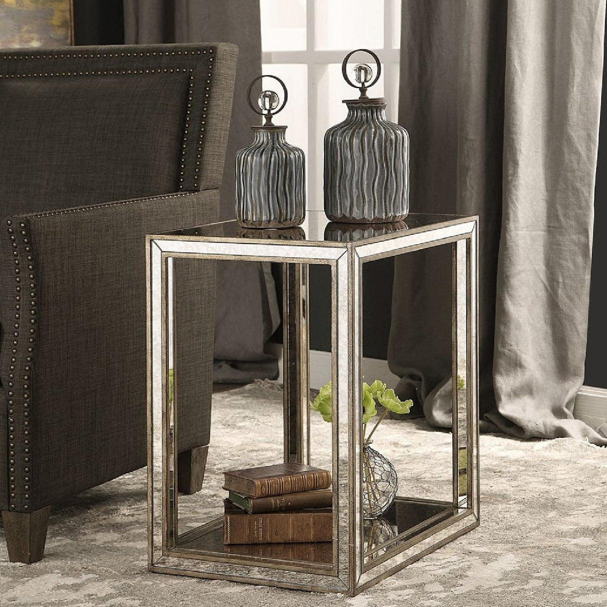 Modern European furniture - Mottled Antique Mirror End Table - www.oroa.com