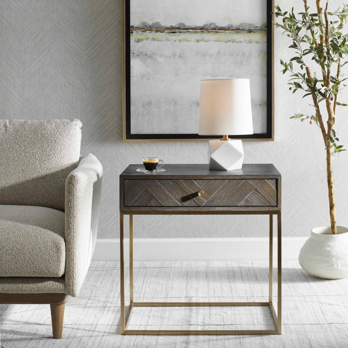 Modern European furniture - Oak Herringbone 1-Drawer Side Table - www.oroa.com