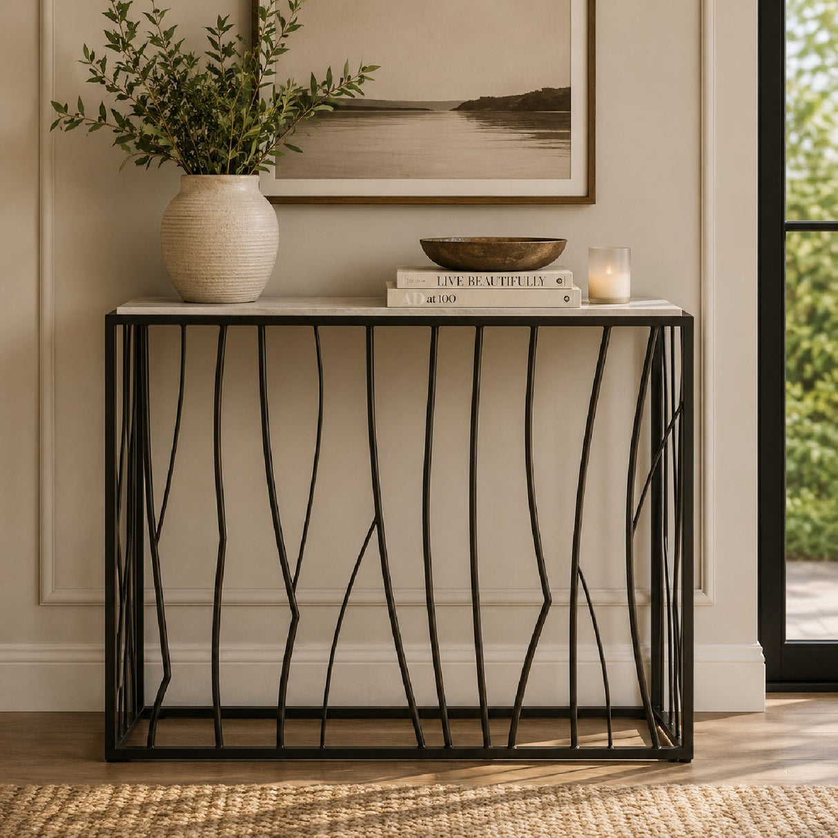 Iron Framed Travertine Console Table by Uttermost Reed, alternate view 2