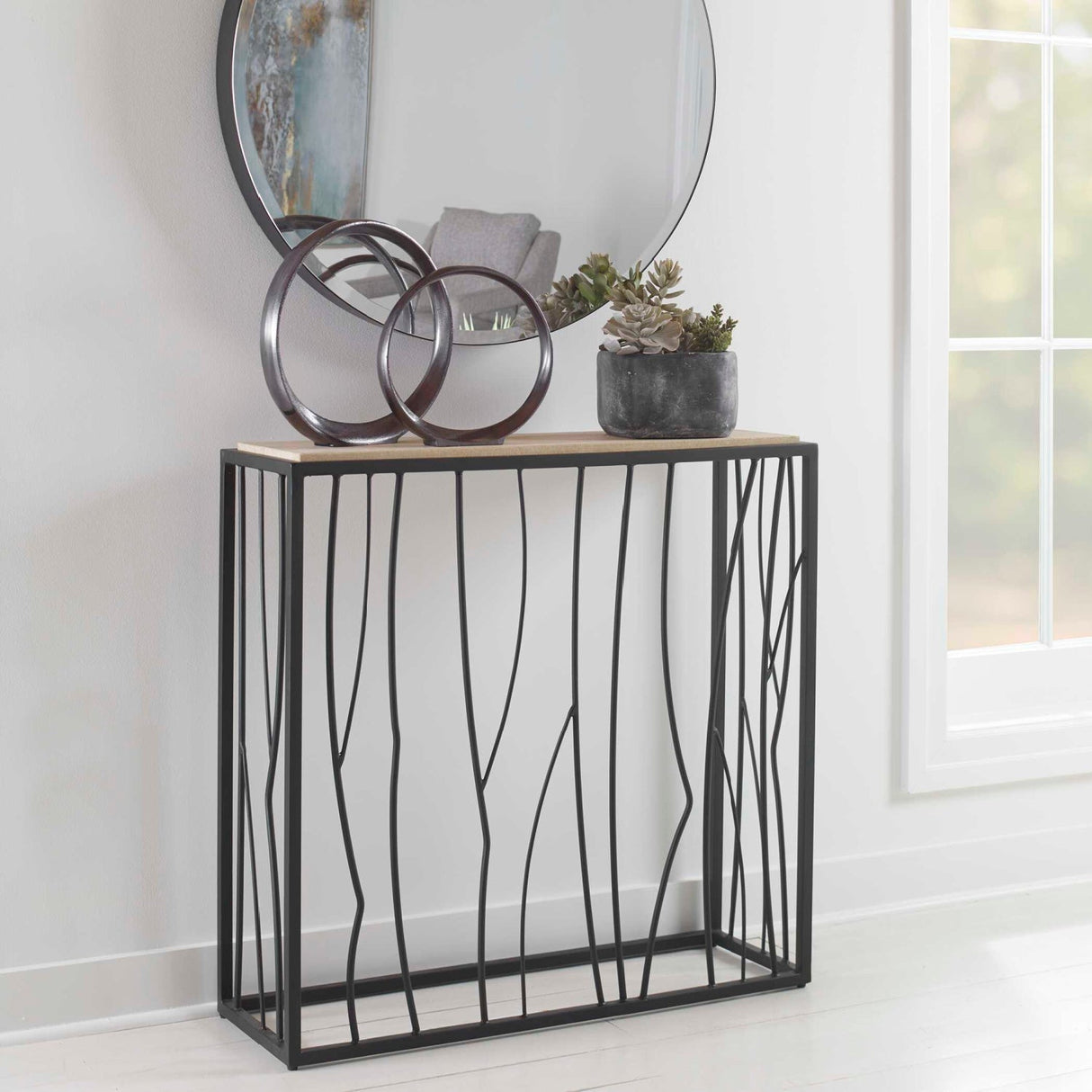 Iron Framed Travertine Console Table by Uttermost Reed, alternate view 6