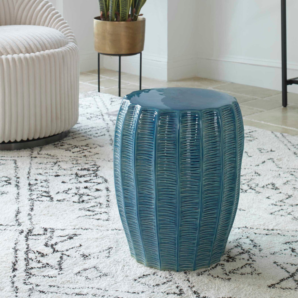 Blue Ceramic Scalloped Garden Stool by Uttermost Harbor, alternate view 2