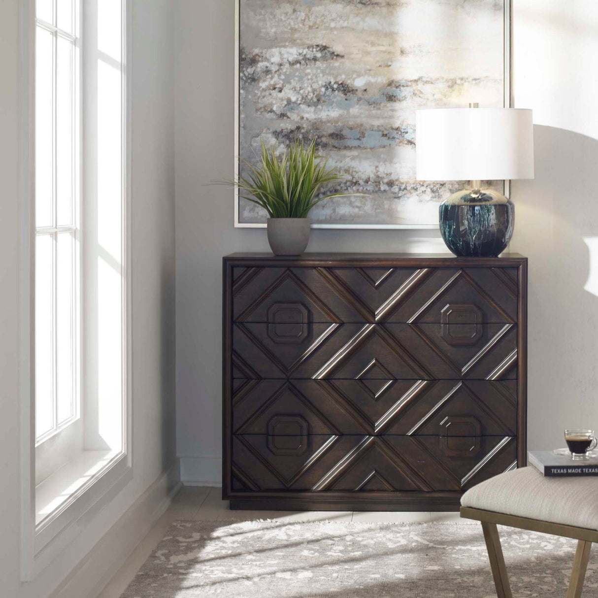 Geometric Carved 4-Drawer Chest by Uttermost Mindra, alternate view 2