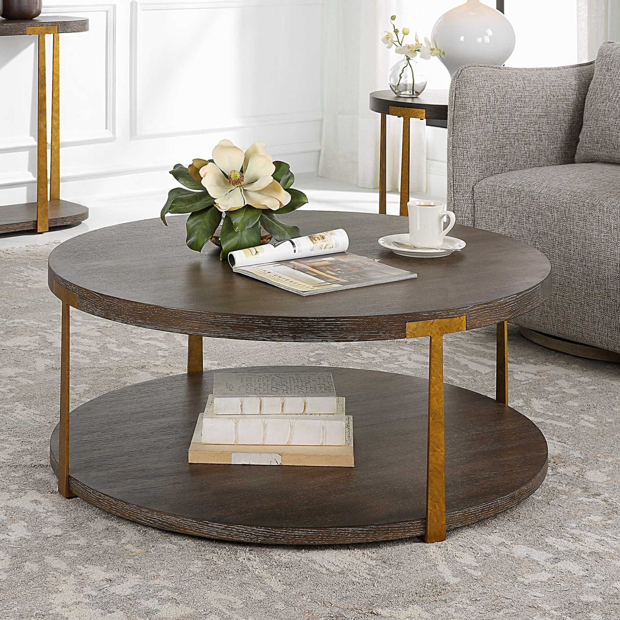 Brown Oak Round Coffee Table by Uttermost Palisade, alternate view 2