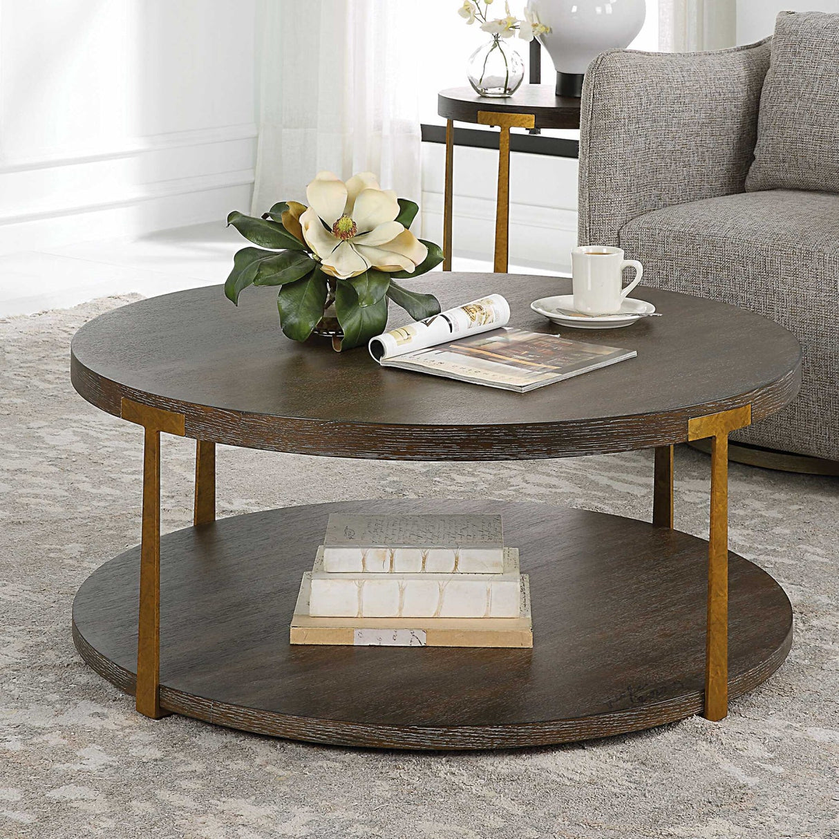 Brown Oak Round Coffee Table by Uttermost Palisade, alternate view 8