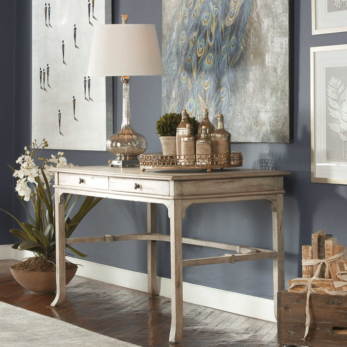 Modern European furniture - Aged White 2-Drawer Writing Desk - www.oroa.com