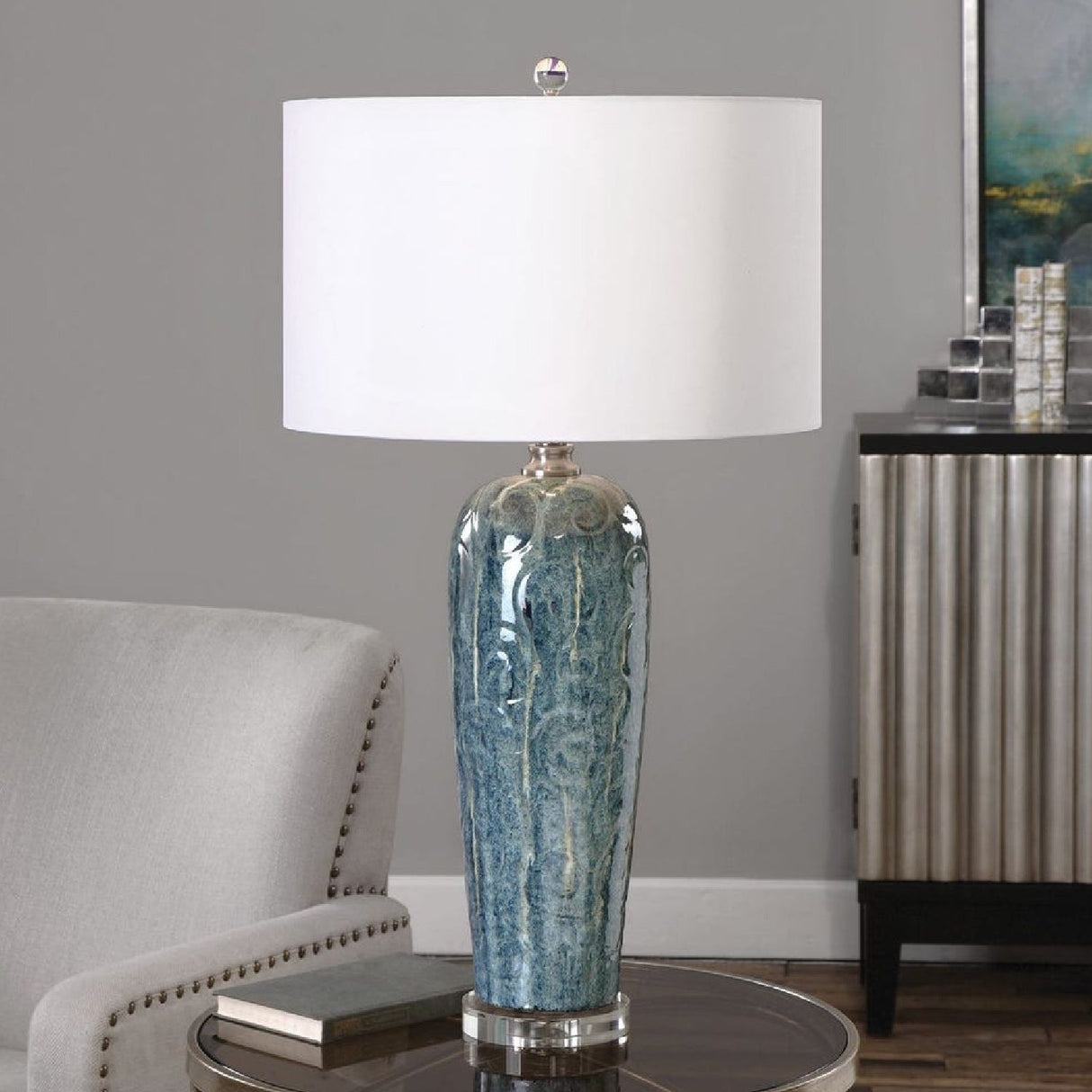 Modern European furniture - Blue Ceramic Embossed Table Lamp by Uttermost Maira - www.oroa.com