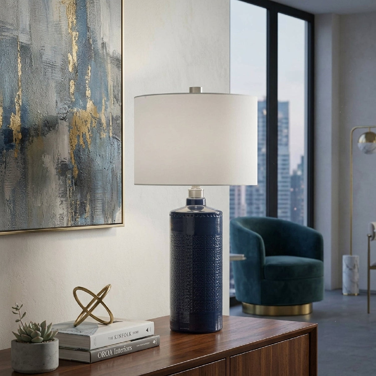 Modern European furniture - Blue Embossed Ceramic Table Lamp by Uttermost Thalia - www.oroa.com