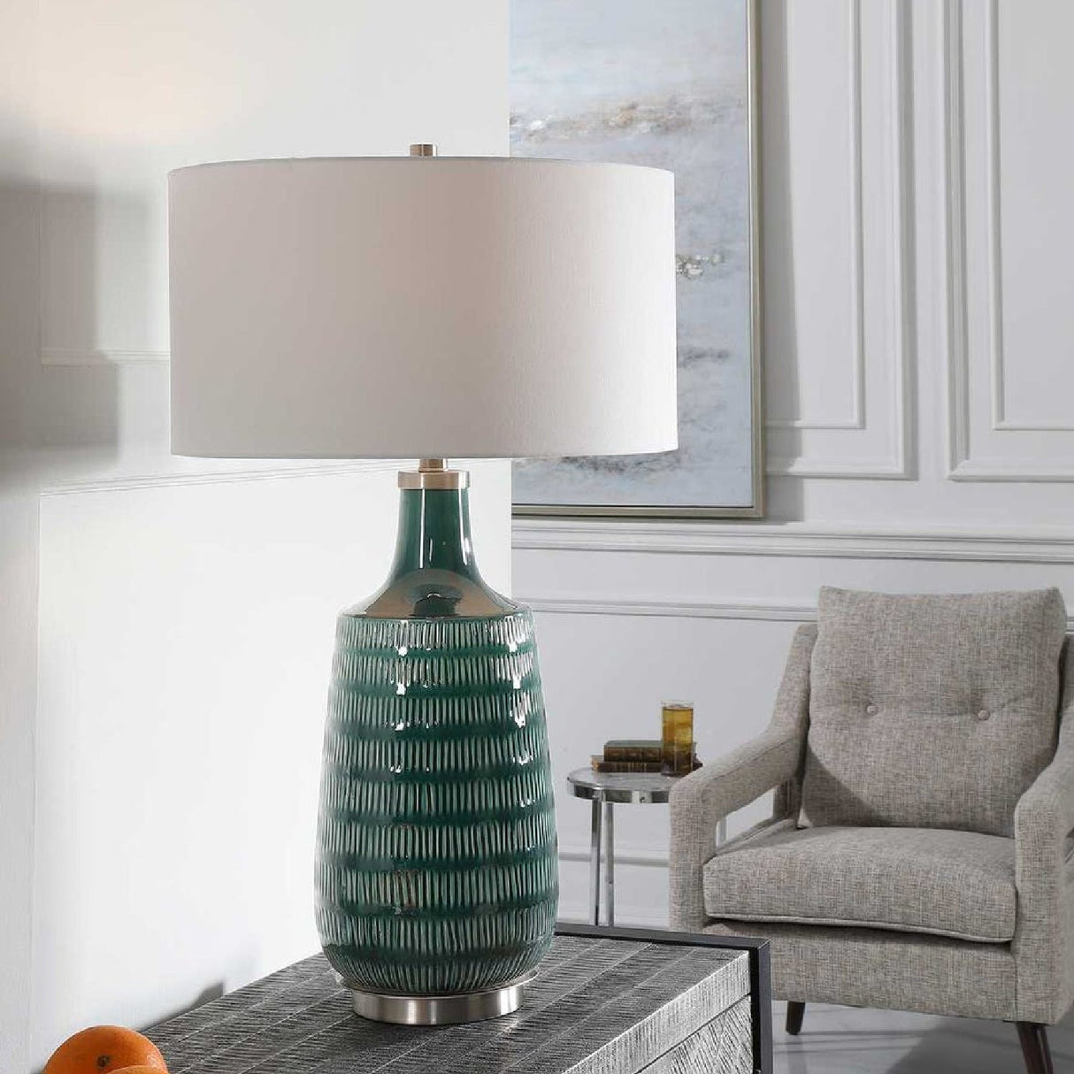 Modern European furniture - Carved Teal Ceramic Table Lamp by Uttermost Scouts - www.oroa.com