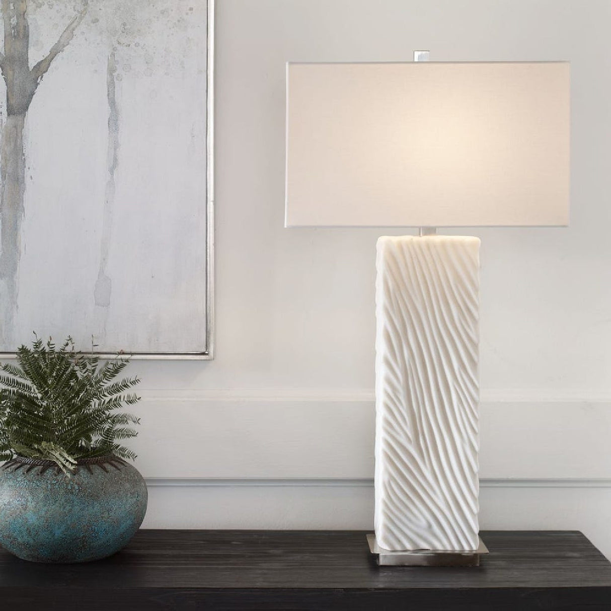 Modern European furniture - Carved White Stone Table Lamp by Uttermost Pillar - www.oroa.com