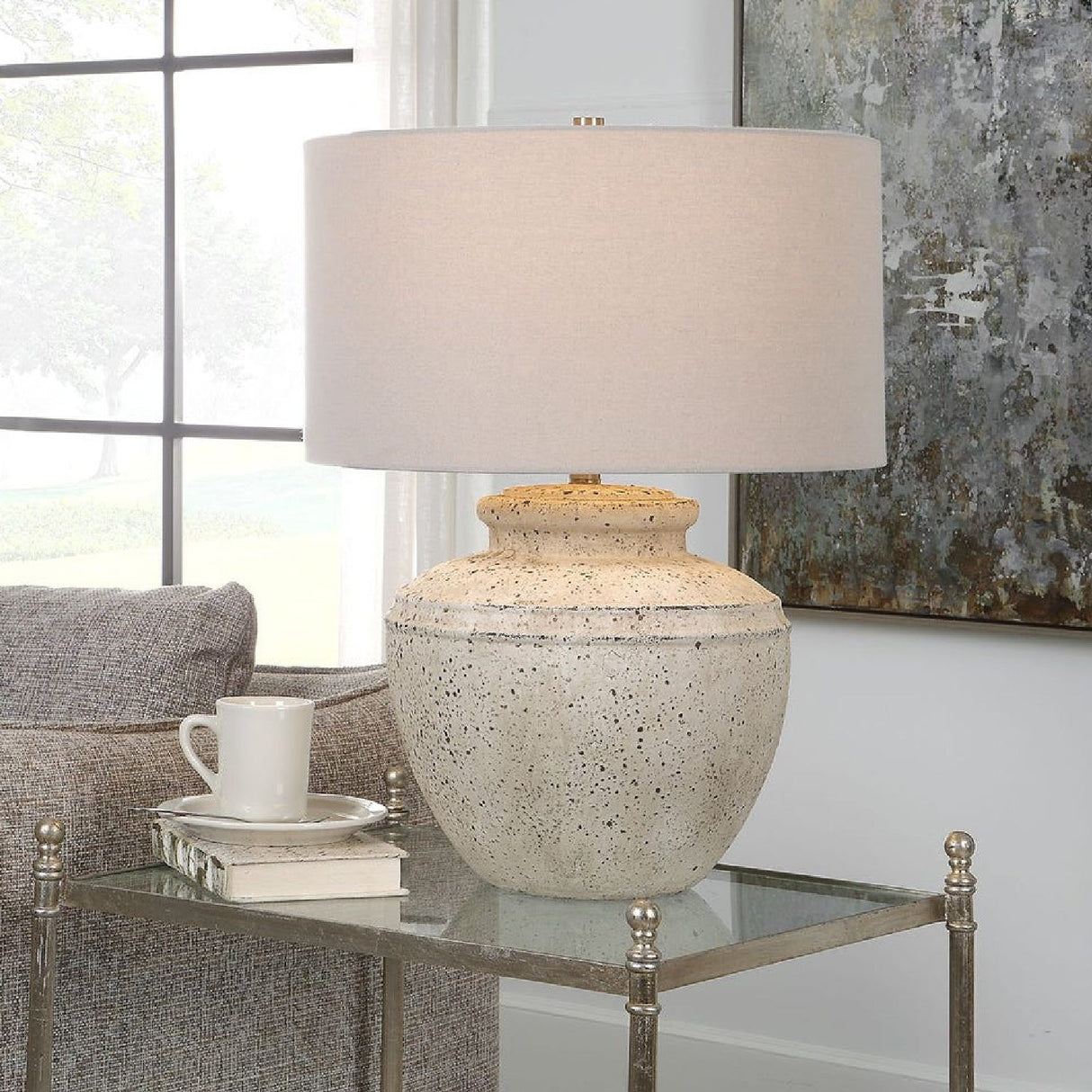 Aged Beige Ceramic Table Lamp by Uttermost Artifact, alternate view 2