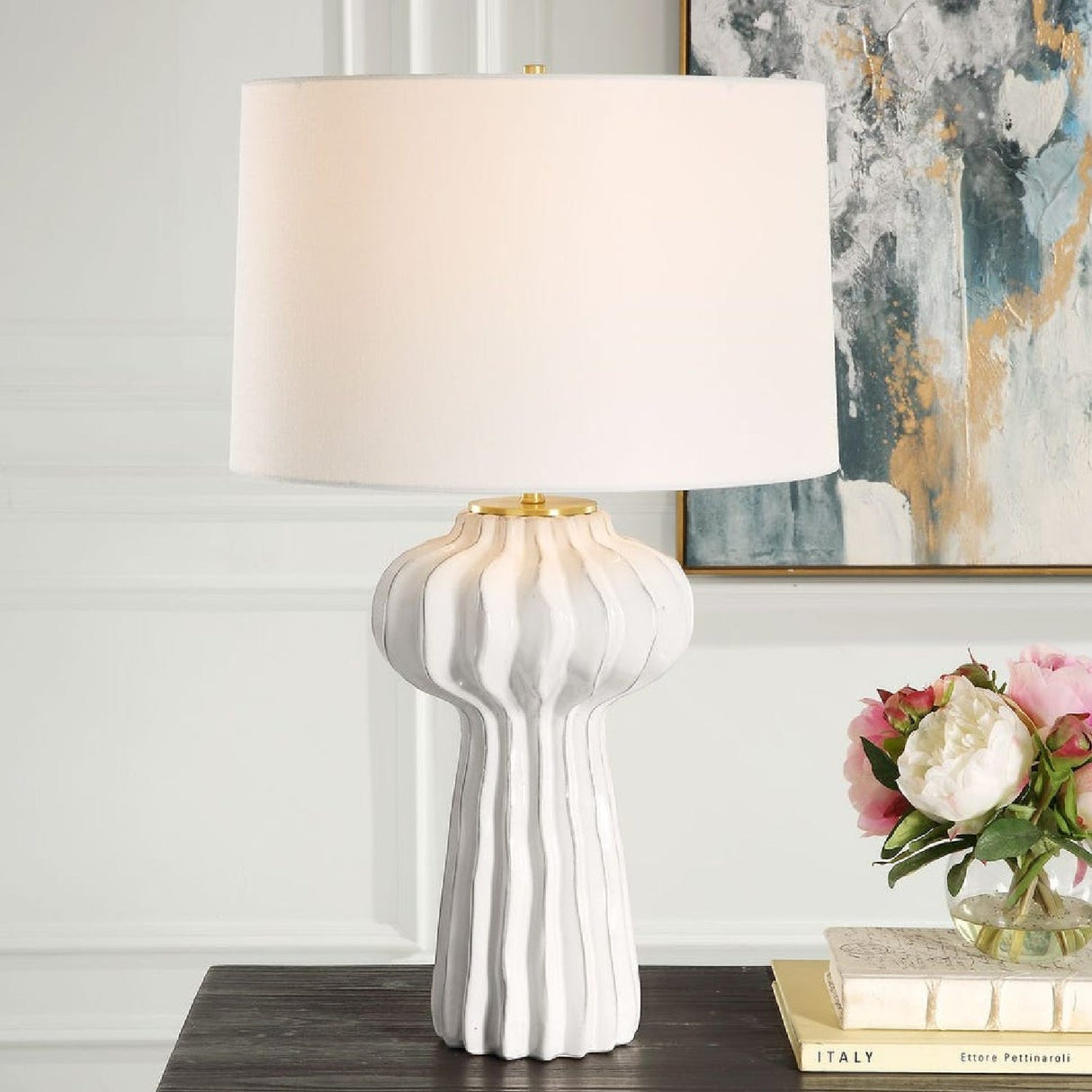 White Ridged Porcelain Table Lamp by Uttermost Wrenley, alternate view 2