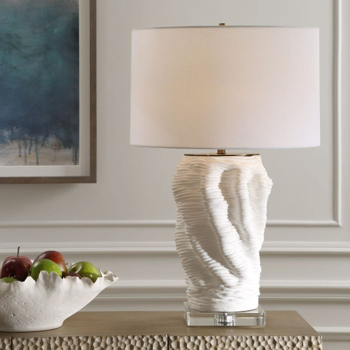 Organic-Shaped White Ceramic Table Lamp by Uttermost Stratified, alternate view 2
