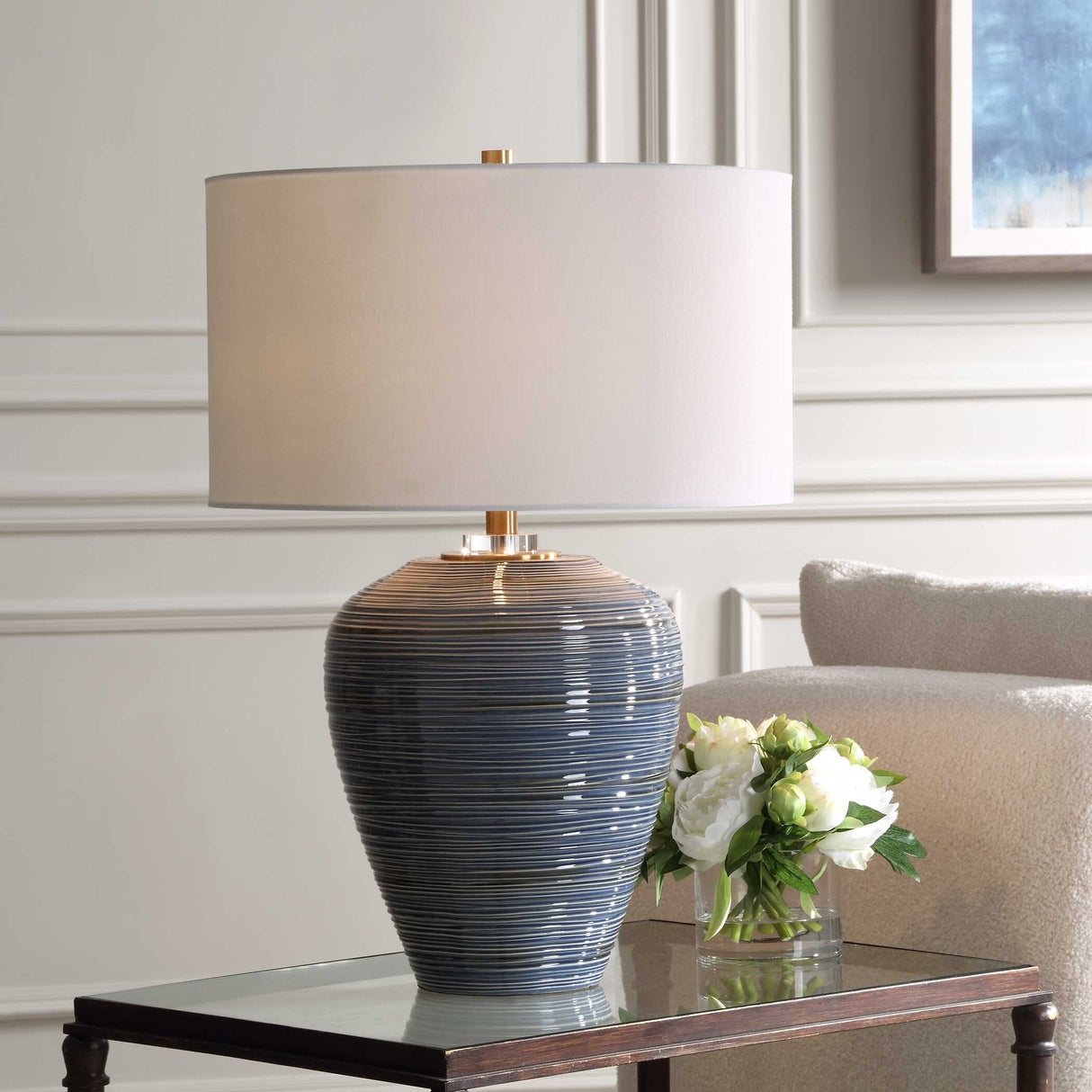 Modern European furniture - Ribbed Blue Ceramic Table Lamp - www.oroa.com