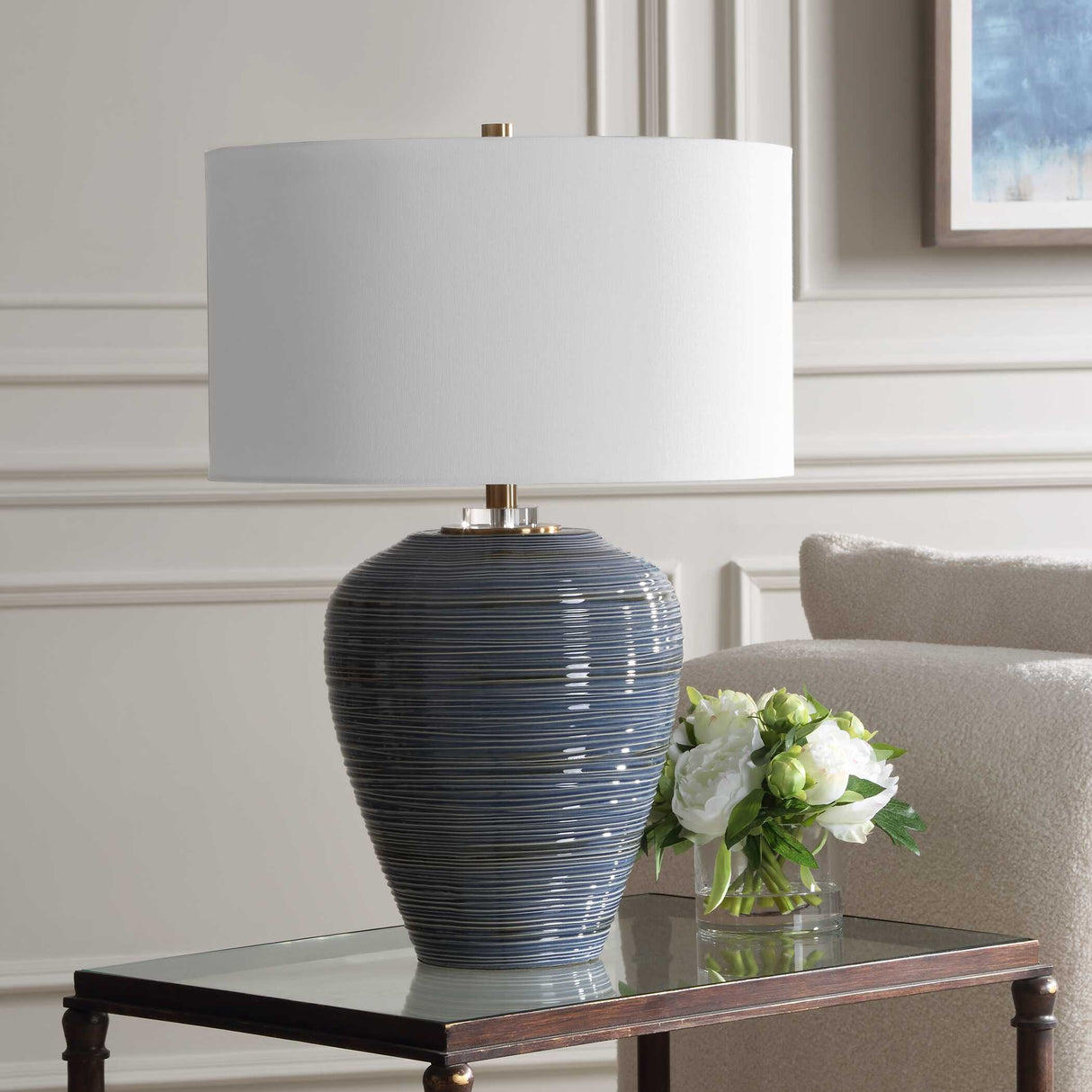 Modern European furniture - Ribbed Blue Ceramic Table Lamp - www.oroa.com