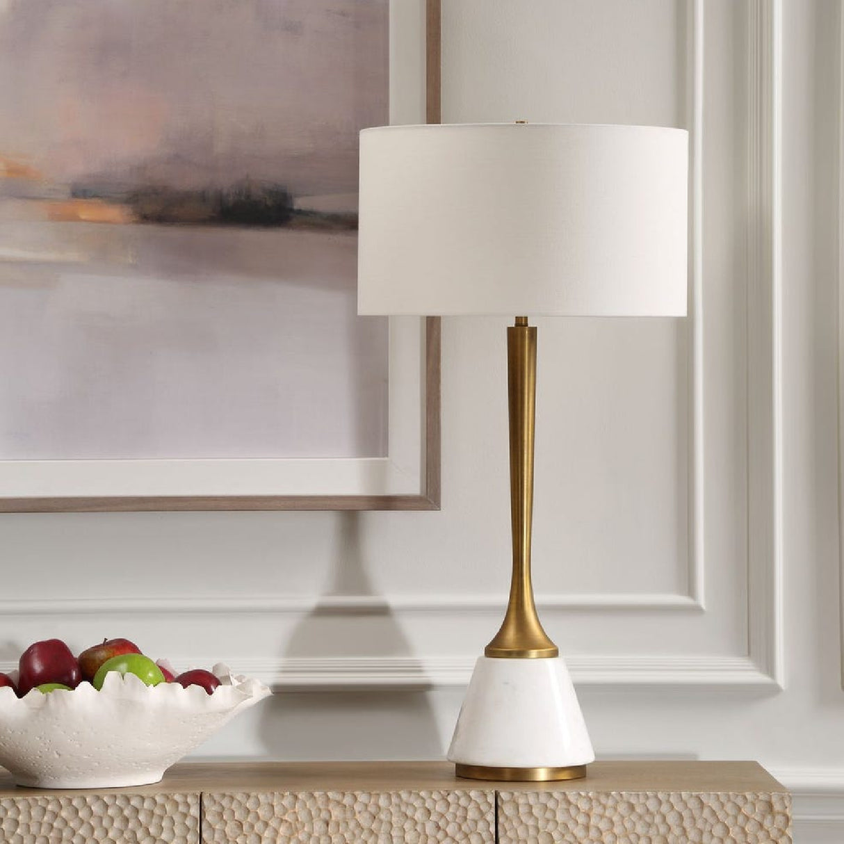 White Marble & Brass Table Lamp by Uttermost Avola, alternate view 2