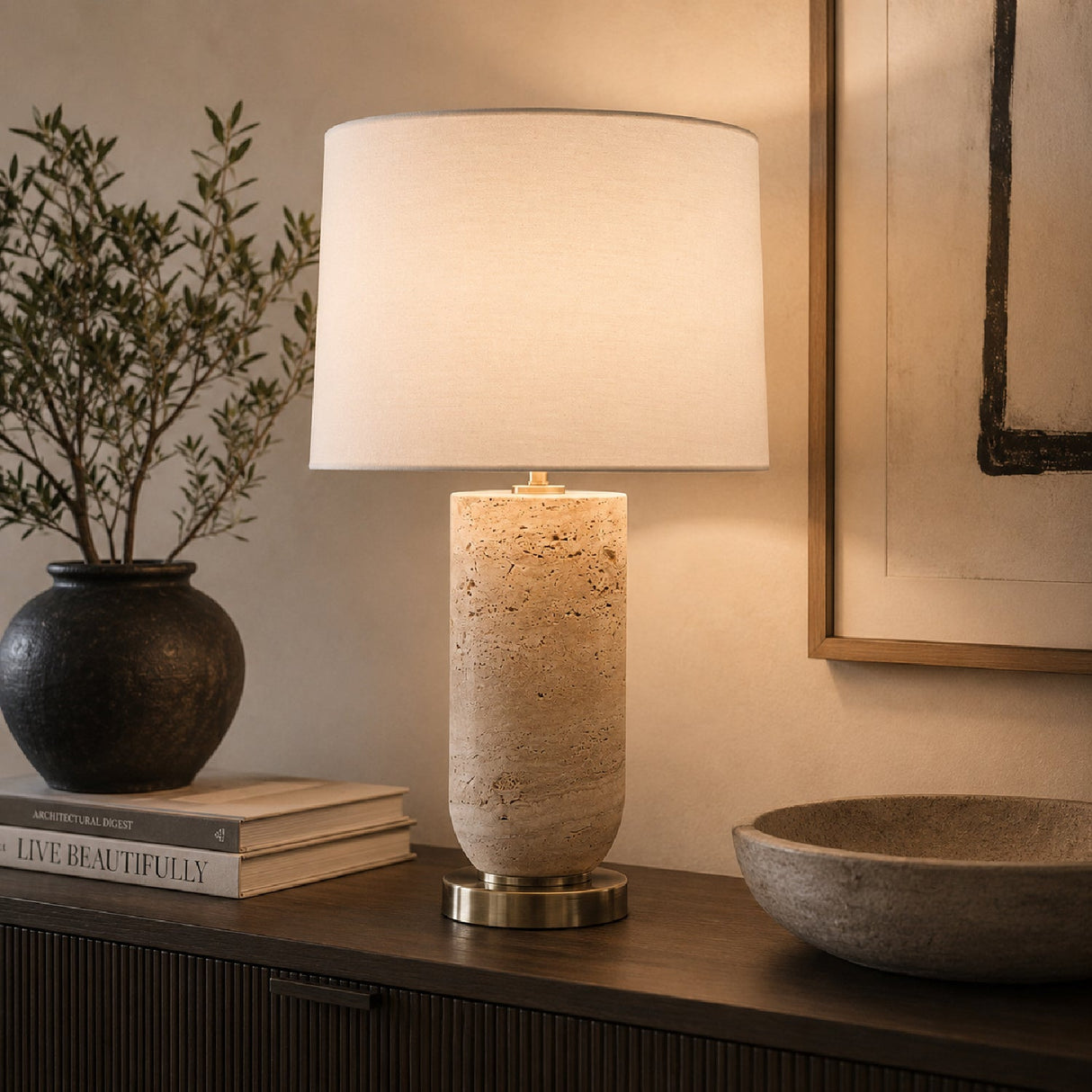 Modern European furniture - Beige Travertine Table Lamp - www.oroa.com