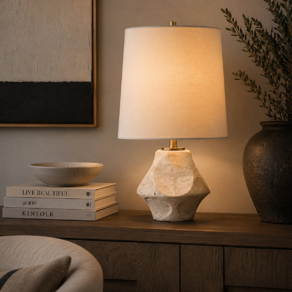 Modern European furniture - Carved Travertine Accent Lamp - www.oroa.com