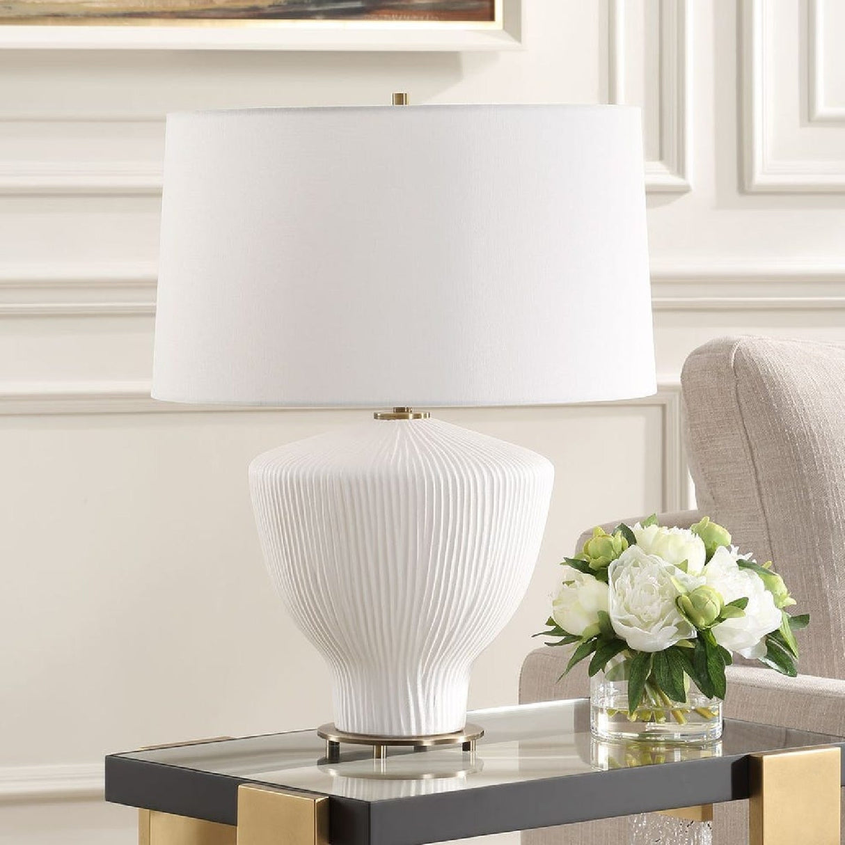 Modern European furniture - White Ribbed Ceramic Table Lamp by Uttermost Maisie - www.oroa.com
