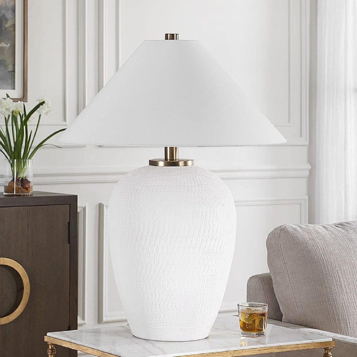 Hand-Carved White Ceramic Table Lamp by Uttermost Merriton, alternate view 2