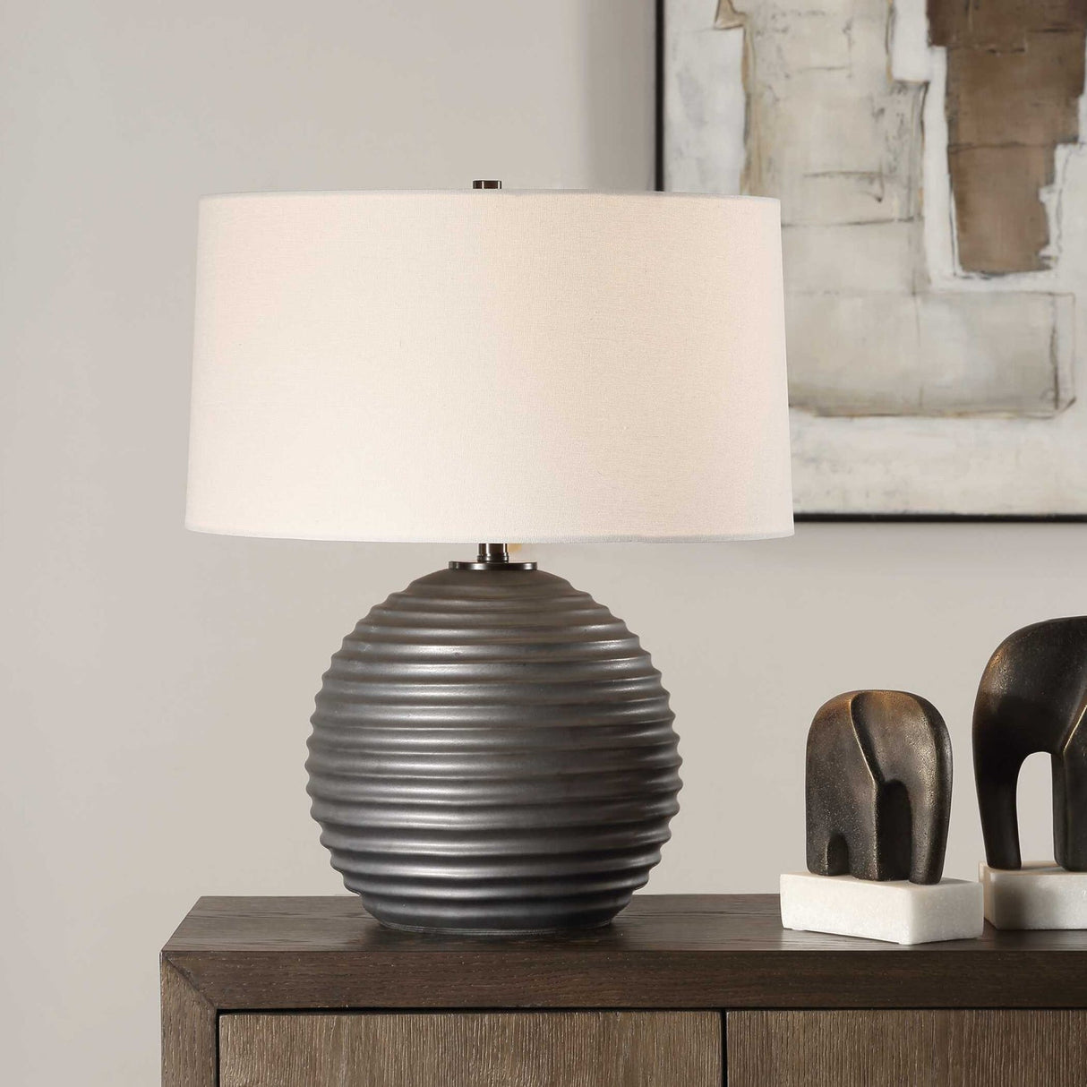 Bronze Ribbed Ceramic Table Lamp by Uttermost Chelsom, alternate view 2