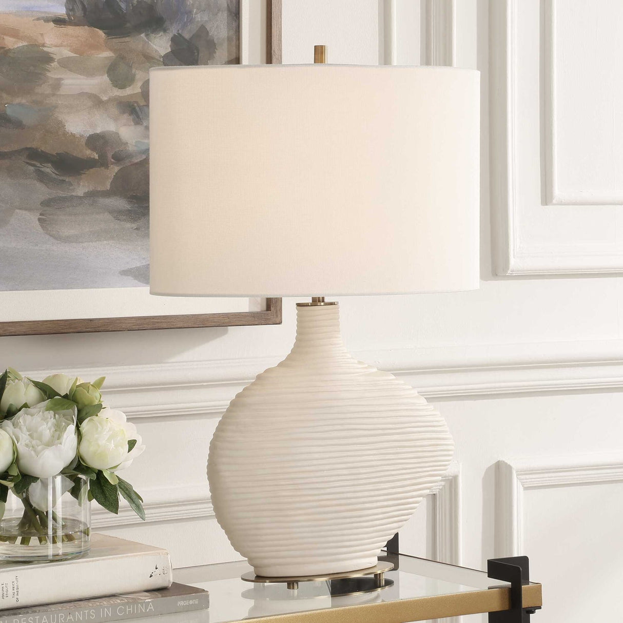 White Ceramic Organic-Shaped Table Lamp by Uttermost Duostacked, alternate view 2